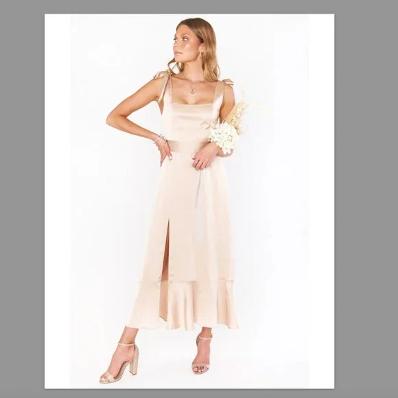 white christmas dresses Italian Summer Tie Neck Midi Dress Champagne– Selfie Leslie main image 1